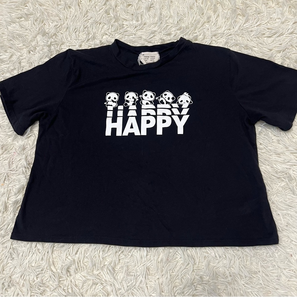 French Pastry Women’s” Happy ” Black Short Sleeve Crew Neck Cropped T Shirt XL